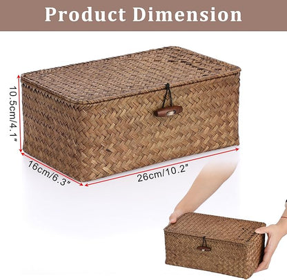 Sumnacon Small Wicker Basket with Lid Rectangle Woven Baskets for Toiletries Tampon Storage,Wicker Storage Basket with Lid,Decorative Seagrass Storage Baskets for Shelf Bathroom Toilet Table,Coffee