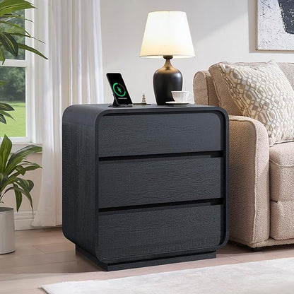 Black Night Stand with Charging Station, 25" Tall Wood Bedside Table, Modern End Table Dresser with 3 Storage Drawers, Curved Profile, Mid Century Nightstand for Bedroom Dorm Sofa Office
