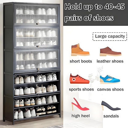 Tall Shoe Cabinet, 10 Tier Bamboo Shoe Rack with Doors, 40-45 Pairs Large Capacity Shoe Storage Cabinet Organizer, Narrow Shoe Shelf for Entryway, Hallway, Living Room