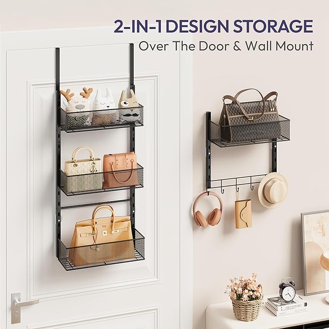 SWTYMIKI Over The Door Purse Organizer - Wall Mounted Purse Rack with 4 Adjustable Metal Basket and 6 Hooks, Hanging Bag Rack for Handbag Organizer, Bag Storage Can Use As 1/2 Part, for Door, Closet