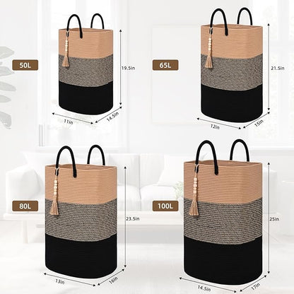 Woven Laundry Basket for Clothes, 80 L Large Rectangle Laundry Hampers with Beads Tassel, Nursery Storage Basket for Toys, Tall Dirty Clothes Hamper for Bedroom Aesthetic, Laundry Room Organization