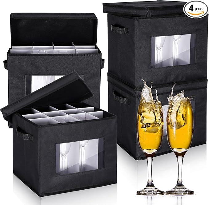 Uiifan 4 Pcs Champagne Flute Storage Box with Dividers 12 Compartment Stemware Storage Cases China Container Box with Lid, Handles, PVC Window for Moving, Black