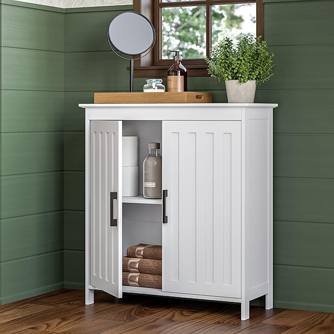RiverRidge Monroe Two-Door Floor Storage Cabinet - Bathroom Storage Cabinet with Adjustable Shelves - Soft-Close Doors White Finish with Matte Black Handles