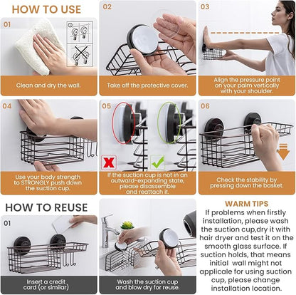 LEVERLOC Shower Caddy Suction Cup, 2 Pack Shelves for Inside with Hooks and Soap Holder, NO-Drilling Bathroom Holder, Rustproof Meatl Bathroom Organizer, Brown