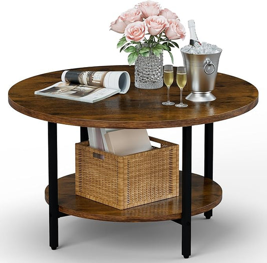 FAMIDGE Round Coffee Table, 27.6" Circle Coffee Table for Living Room, 2-Tier Wood Accent Center Table with Open Storage Industrial Design Home Furniture, Rustic Brown