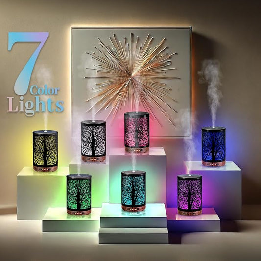 Essential Oil Diffuser 120ML Metal Aromatherapy Diffuser with Timer, Cool Mist Humidifier with Auto Shut-Off & 7 Color Lights for Home Office Spa (Tree)