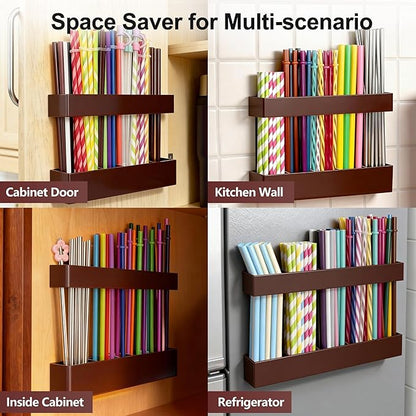 9.5” Large Acrylic Straw Holder for Cabinet Door, Reusable Adjustable Two-Part Straws Organizer with Ultra Sticky Adhesive Strips, 2026 Straw Storage for Kitchen Cupboard (Brown)