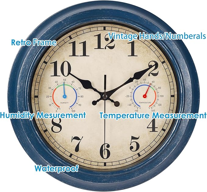 12 Inch Outdoor Clock with Thermometer and Hygrometer Combo, Waterproof Indoor Outdoor Wall Clocks for Patio, Pool, Garden, Bathroom Decor- Blue