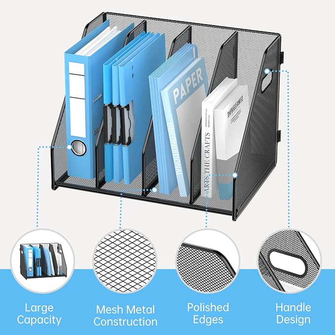 SUPEASY Binder Organizer, Magazine File Holder with 4 Vertical Compartments Rack, Metal Desk File Organizer & Binder Holders, Magazine Organizers for Office Desktop, Home, School (Black)