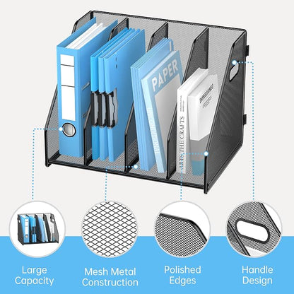 SUPEASY Binder Organizer, Magazine File Holder with 4 Vertical Compartments Rack, Metal Desk File Organizer & Binder Holders, Magazine Organizers for Office Desktop, Home, School (Black)