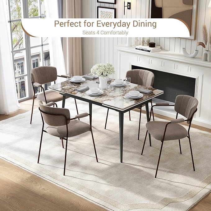 Honyee Extendable Rectangular Dining Table, 47–71 Inch Expandable Kitchen & Dining Room Table for 4–8, Easy-Clean Marble-Look Sintered Stone Top, Modern Dining Table for Small Spaces