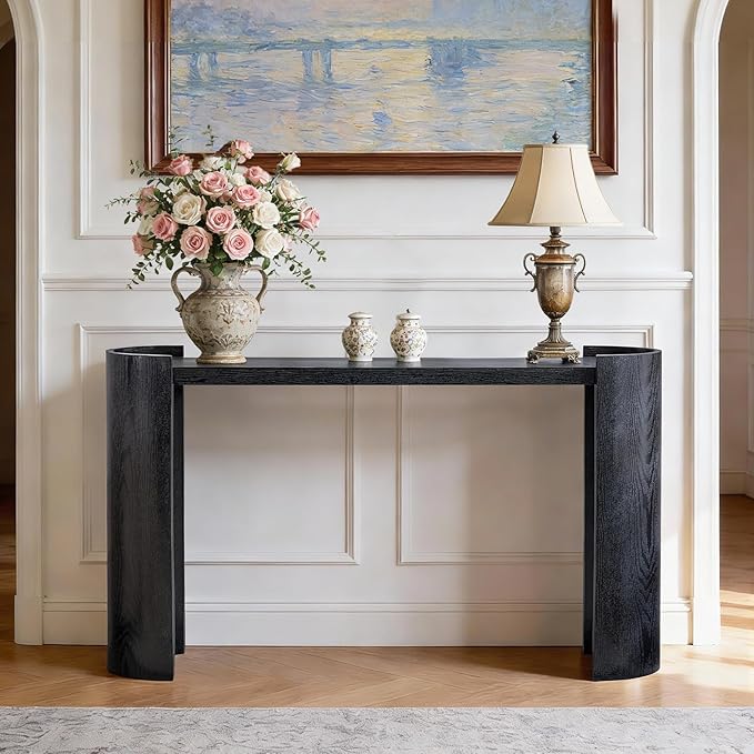53" Console Table for Entryway, Narrow Sofa Entrance Table with Faux Mars Marble Pattern, Modern Sofa Tables with Round Raised Edge Design for Living Room, Hallway, Foyer, Home Office, Black
