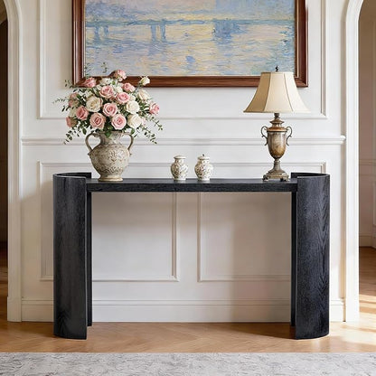 53" Console Table for Entryway, Narrow Sofa Entrance Table with Faux Mars Marble Pattern, Modern Sofa Tables with Round Raised Edge Design for Living Room, Hallway, Foyer, Home Office, Black