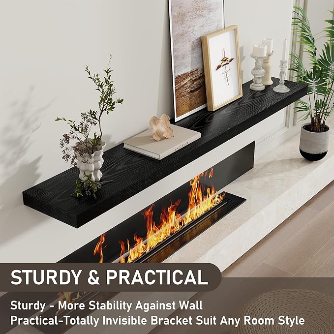 Fun Memories 72 Inch Floating Shelves for Wall 8 Inch Deep Black Shelves Set of 2, Wall Mounted Rustic Wood Long Floating Shelf, Large Display & Storage Shelf with Invisible Brackets