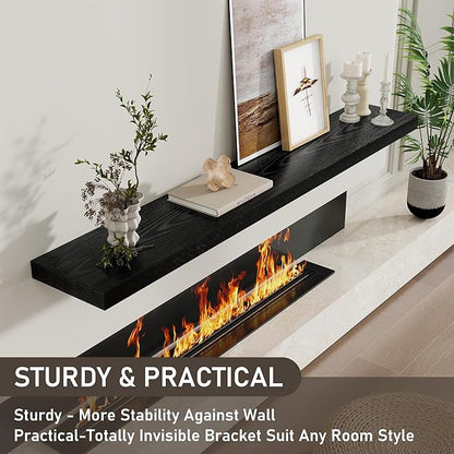 Fun Memories 72 Inch Floating Shelves for Wall 8 Inch Deep Black Shelves Set of 2, Wall Mounted Rustic Wood Long Floating Shelf, Large Display & Storage Shelf with Invisible Brackets