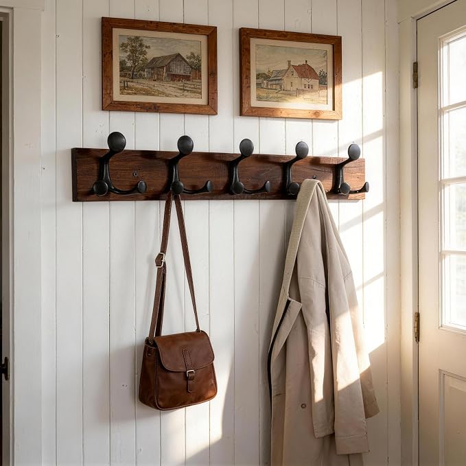 SKOLOO 30-Inch Walnut Wood Coat Rack Wall Mount with 5 Triple Hooks - Ideal for Family Entrances, Classrooms, and Pet Supplies Storage - Perfect Coat Hooks for Wall