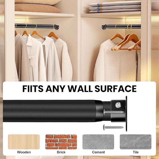 Adjustable Closet Rod - 17 to 84 Inch Heavy Duty Tension Rod for Hanging Clothes, Black Curtain Rod Ideal for Closets, Wardrobes, Bathrooms, and Laundry Rooms (17-70)