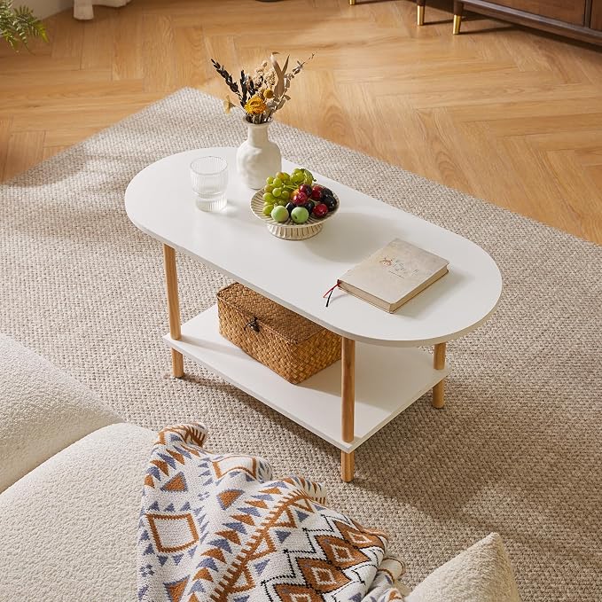Aibiju Oval Coffee Table White, Small Wooden Coffee Table for Small Space, Tea Table Stand 35 * 16 * 17 inches, 2 Tier Center Table for Living Room White YD-012W