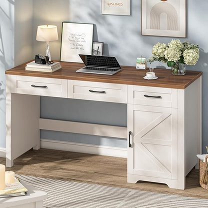 Vabches Farmhouse 55" Executive Desk,Computer Desk with 3 Drawers and Storage Cabinet,Home Office Desk for Work and Study