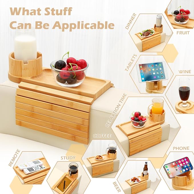 Couch Cup Holder Tray, 15.75" Bamboo Cup Holder for Couch, 3 in 1 Foldable Arm Chair Clip on Side Tray Table for Remote Snack Table on Armrest