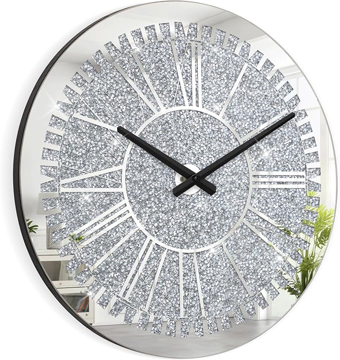 Crystal Crushed Diamond Wall Clock Round Mirrored Clocks Modern Silver Glass Clock for Wall Sparkle Twinkle Hanging Clocks for Living Room Bedroom Dining Room Decorative, AA Battery not Included