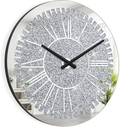 Crystal Crushed Diamond Wall Clock Round Mirrored Clocks Modern Silver Glass Clock for Wall Sparkle Twinkle Hanging Clocks for Living Room Bedroom Dining Room Decorative, AA Battery not Included