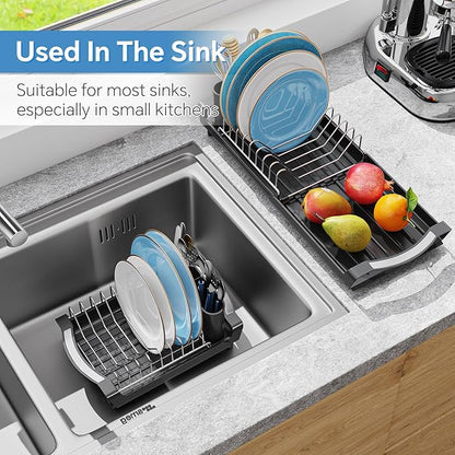 Simple Trending Small Dish Drying Rack, Compact Expandable Dish Rack with Cutlery Holder, Sink Dish Drainer for Kitchen Countertop, Black