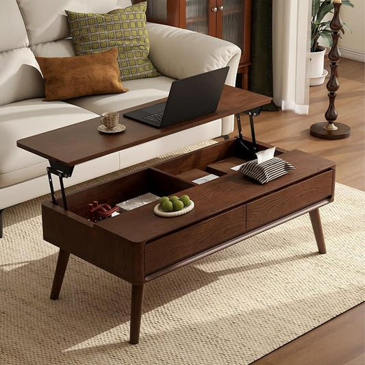 Solid Oak Wood Lift Top Coffee Table for Living Room, Mid Century Modern Tables with Drawers and Large Storage, Coffee Tables for Small Spaces (Oak Walnut Color, 39.37" W x 21.65" D x 25.59" H)
