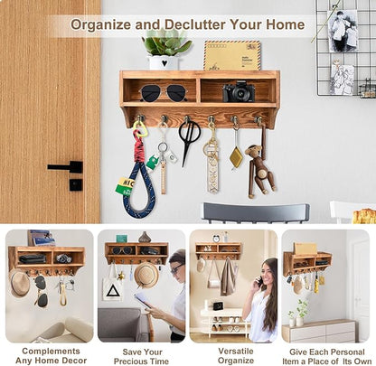 Key Holder Wall Mount - Mail Organizer Wall Mount with 6 Key Hooks and Storage Box for Sunglasses Storage and Dog Leash Holder Home Decor Rack Apartment Essentials Farmhouse Shelf Entryway Organizer