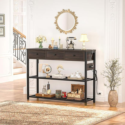 Ecoprsio 47'' Entryway Table with Outlets and USB Ports, Console Table with 3 Drawers, Sofa Table Narrow Long with Storage Shelves for Living Room, Couch, Hallway, Foyer, Black Walnut Finish