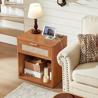 LEYAOYAO Rattan Nightstand with Charging Station, Tea Brown Night Stand with Drawer, 23" Wide Boho Bedside Table with Storage Shelf, Bed Side End Tables for Bedroom, Living Room, Hallway