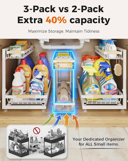 Sevenblue 3 Pack Under Sink Organizer, Height Adjustable 2 Tier Pull-Out Metal Under Kitchen Sink Organizer, Multi-Purpose Storage Shelves for Kitchen Bathroom Cabinet, White