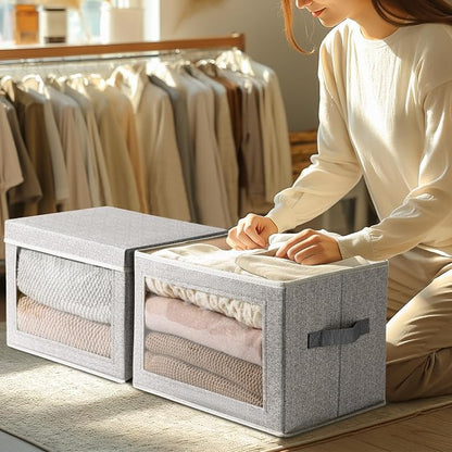 Homsorout Storage Box with Lids - 5 Pack Foldable Clear Window Storage Bins, Large Decorative Storage Bins with Handles, Storage Containers for Clothes, Towel, Blanket, Sheet, Light Grey