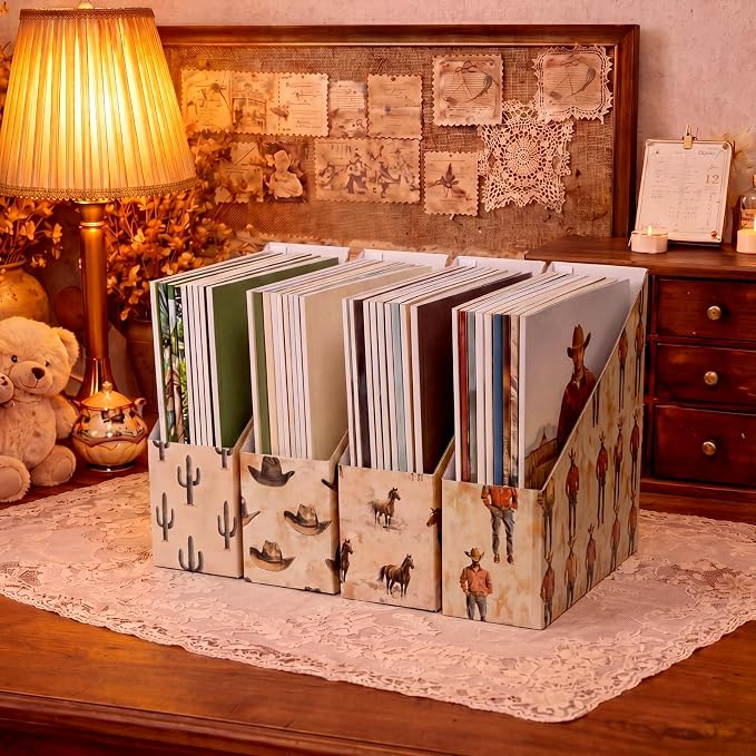 AmazingSpark Set of 4 Western Cowboy Magazine Holder Decorative Foldable Magazine Storage Boxes with Acrylic Label Holders Coquettish Boho Organizer for Office Home Organization Storage