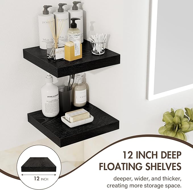 Acovy 12 Inch Floating Shelves, 12" Deep Floating Shelf Wall Mounted, 12" Wall Shelves, Rustic Deep Bookshelf, Extra Deeper Display Shelves & Storage Shelves for Bedroom, Living Room, Set of 3