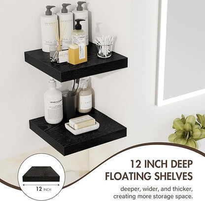 Acovy 12 Inch Floating Shelves, 12" Deep Floating Shelf Wall Mounted, 12" Wall Shelves, Rustic Deep Bookshelf, Extra Deeper Display Shelves & Storage Shelves for Bedroom, Living Room, Set of 3