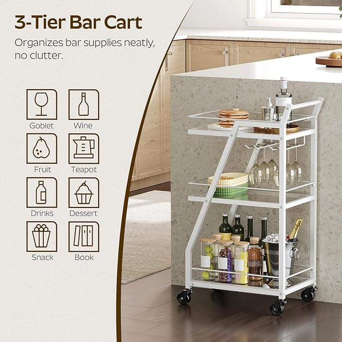 Bar Cart for The Home, Small Bar Cart on Wheels, Home Bar Serving Cart with Glass Holder, for Kitchen, Transparent and White BC03WT