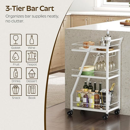 Bar Cart for The Home, Small Bar Cart on Wheels, Home Bar Serving Cart with Glass Holder, for Kitchen, Transparent and White BC03WT