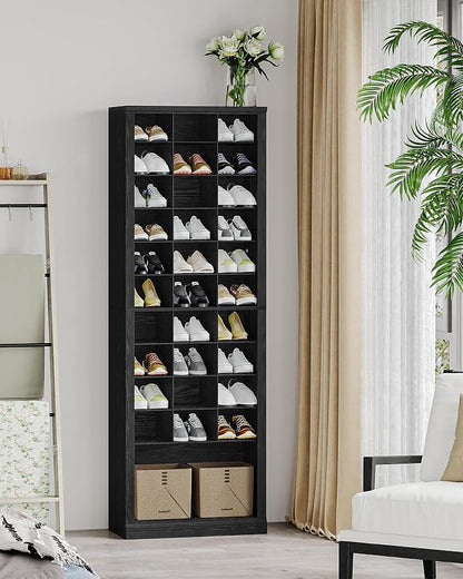 Hzuaneri 11 Tiers Shoe Storage Cabinet, Tall Shoes Cabinet with Cubby, Freestanding Wooden Shoe Organizer, 30-33 Pairs, Shoes Cubby Organizer for Entryway, Bedroom, Black SR02004X