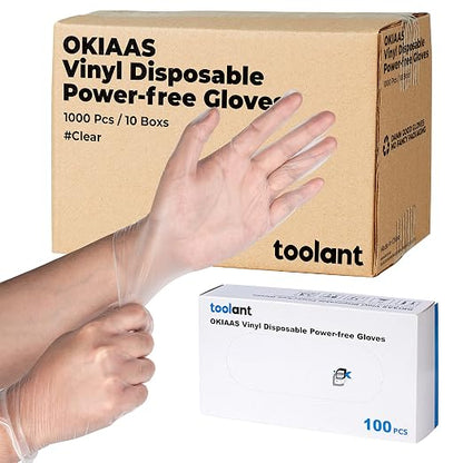 OKIAAS Disposable Gloves S, Bulk of 1000 Pcs|Latex and Powder-Free Clear Vinyl Gloves for Household, Food Handling, Lab Work and more, 10 Dispenser Boxes