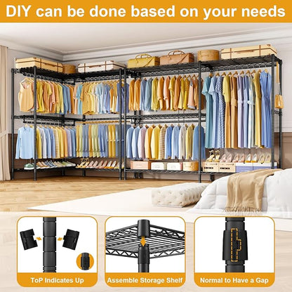 E15 Pro Garment Rack L Shaped Clothes Rack for Corner，Freestanding Clothing Racks for Hanging Clothes，Heavy Duty Closet System with 4 Hanging Rods & 8 S Hooks，48.8"W x 15.8"D x 78.4"H，Black