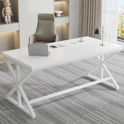 IBF Modern White Computer Desk, Industrial Long Home Office Desk for Student, Large Metal Wood Writing Study Work Desks, Farmhouse Executive Gaming Computer Table for Bedroom Living Room, White, 60 In