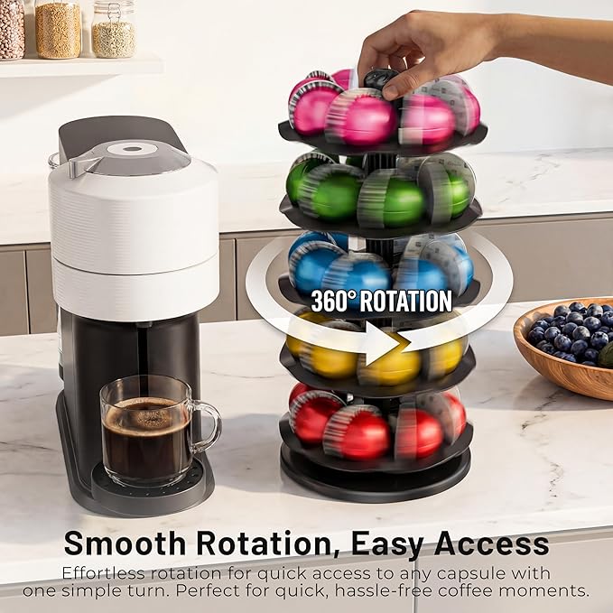 EVERIE Coffee Pod Holder for Vertuo Capsules, 40-Pod Rotating Carousel Organizer, Space-Saving Countertop Display, Smooth Spin & Secure Upright Slots, Fits All Vertuo Sizes (Black)