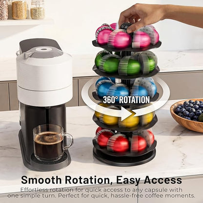 EVERIE Coffee Pod Holder for Vertuo Capsules, 40-Pod Rotating Carousel Organizer, Space-Saving Countertop Display, Smooth Spin & Secure Upright Slots, Fits All Vertuo Sizes (Black)