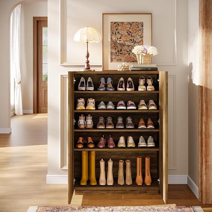 Tribesigns 7-Tier Shoe Cabinet with Fluted Doors, Farmhouse Wooden Shoe Storage Organizer with Adjustable Shelves, 24 Pairs Freestanding Shoe Rack for Entryway, Hallway, Closet, Rustic Brown