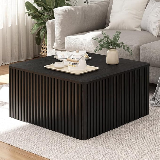 Fluted Square Coffee Table with Storage, Large Wood Center Table with Solid Wood Veneer Top, Mid Century Modern Low Coffee Table for Living Room, Black