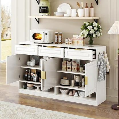 Sideboard Buffet Cabinet with Storage, 59.1" Multi-Functional Sideboard Cabinet with 3 Drawers & 4 Doors, Buffet Table with Adjustable Shelf for Dining Room, Living Room, Entryway, White