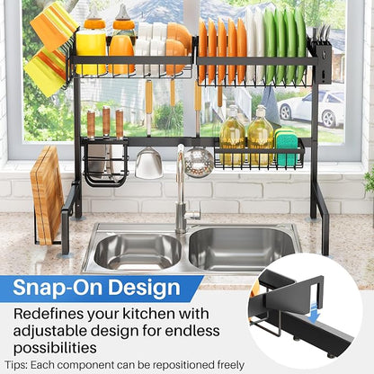 SNTD Over The Sink Large Dish Drying Rack, Metal, 26.8"-34.6", Black | Adjustable Length, Rust-Resistant, Utensil Holder, Cup Holder, Cutting Board Holder, Knife Holder, Sponge Holder and Hooks