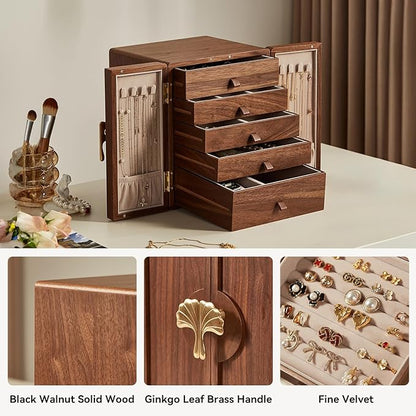 Wooden Jewelry Box 5 Layer Black Walnut Large Jewelry Organizer with Brass Handle for Necklaces Rings Earrings Watches Storage, Christmas Gifts(7.9x8.7x10.0inches)