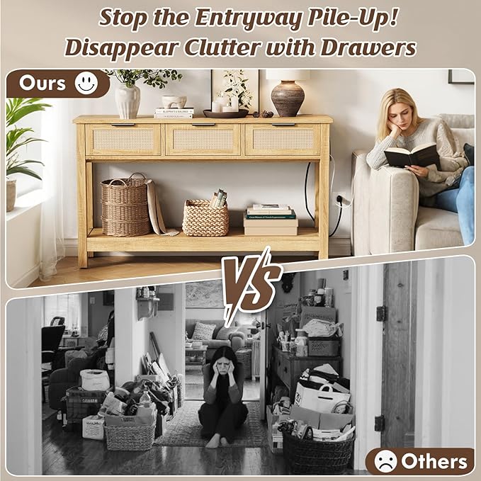 Rattan Entryway Table with 4-Port Charging Station (2 AC Outlets + USB/USB-C), 3 Drawers Storage & Open Shelf, Behind Couch Console Sofa Table for Hallway, Foyer - Natural Weave & Oak, 47 Inch